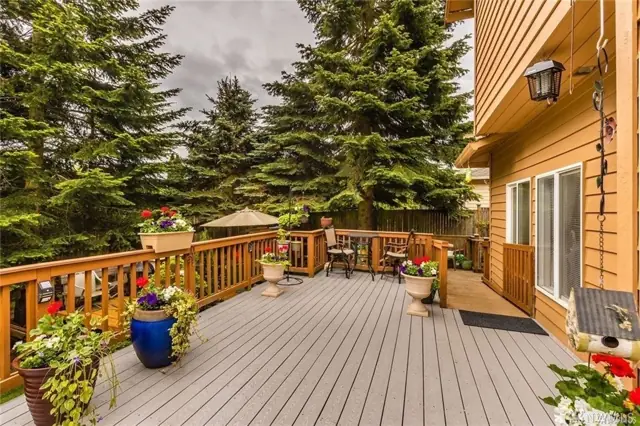 The home's wood deck lined with potted flowers, with tall evergreens beyond the railing